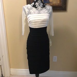 🆕Sangria Elegant sheer shoulder & 3/4 sleeve, folded layered trim formal dress